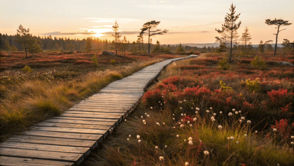 Wooden boardwalk through Glaubenberg moorlands at sunset with cottongrass and carnivorous plants visible in the golden light.