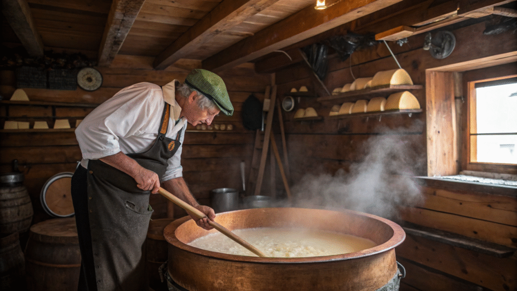 Alpine cheese-maker in traditional clothing working with copper vat in wooden chalet with wheels of aging cheese visible on shelves.