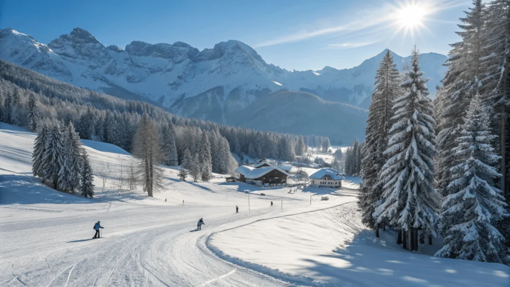 Snow-covered ski slopes winding through pine forests in Sörenberg with skiers descending freshly groomed runs under blue sky.