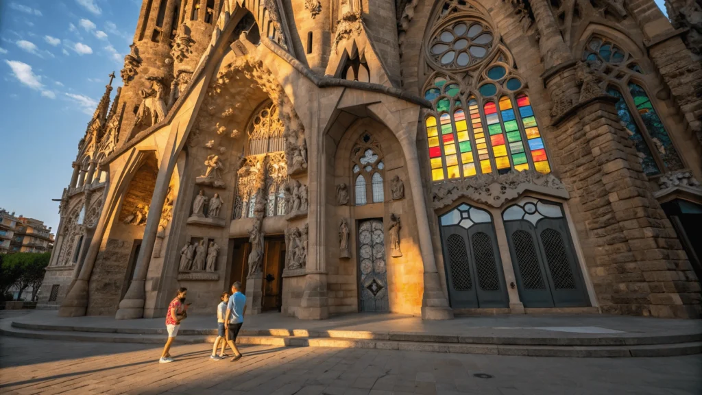 Close-up of Sagrada Familia's intricate stone facades and colorful stained glass windows in morning light