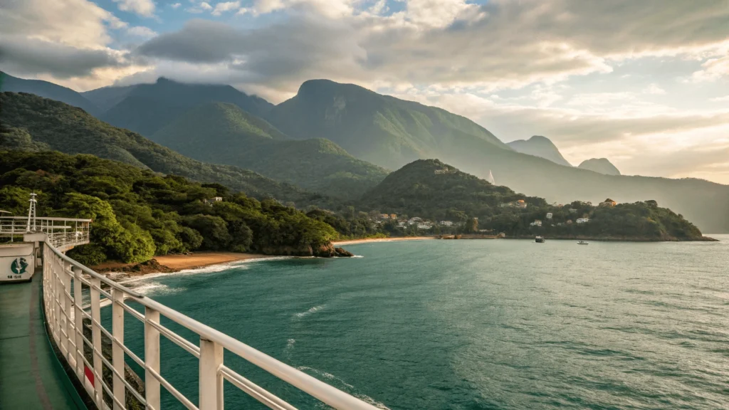 View of Ilhabela island from approaching ferry showing forested mountains, beaches with turquoise waters, and mainland São Paulo visible in the background.