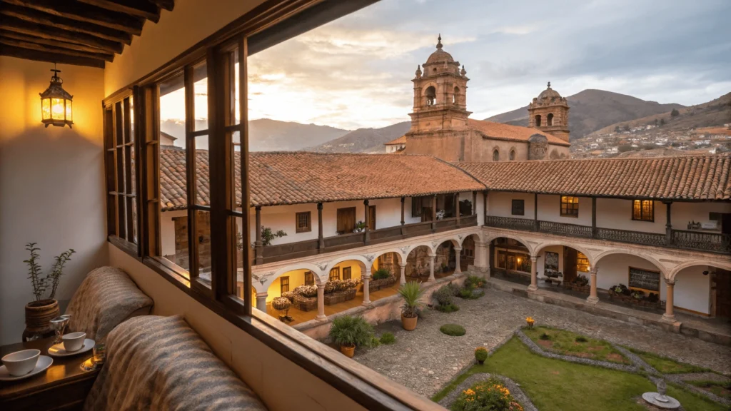 Traditional colonial hotel in Ayacucho with central courtyard architecture and comfortable room interior featuring local textiles.