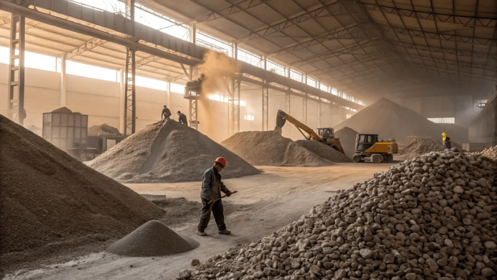 Industrial facility processing volcanic stone with machinery, workers, aggregate piles, and finished products including insulation and filter media.