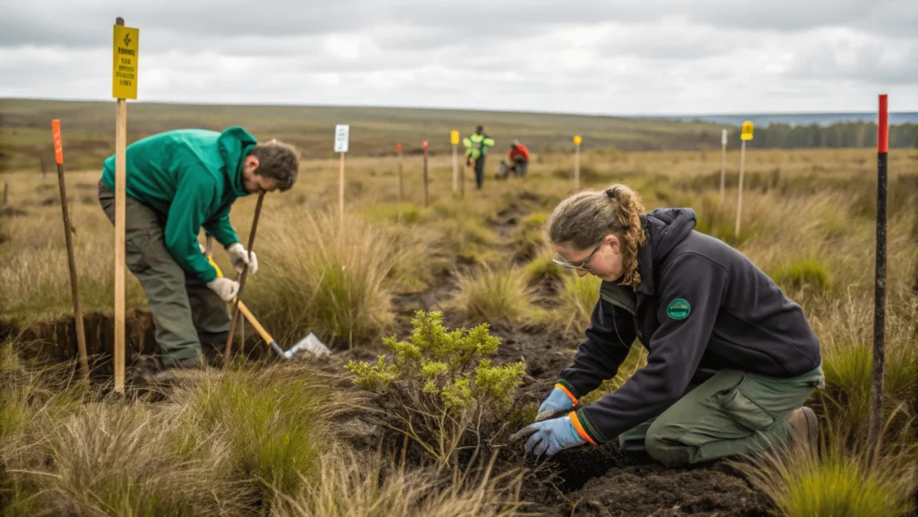 Conservation team replanting native vegetation in damaged peatland area with monitoring equipment visible in background.