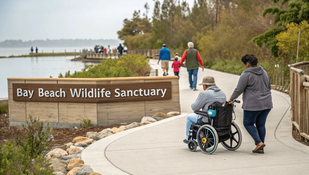 Visitors including person in wheelchair and family with stroller using accessible paved path around sanctuary lagoon