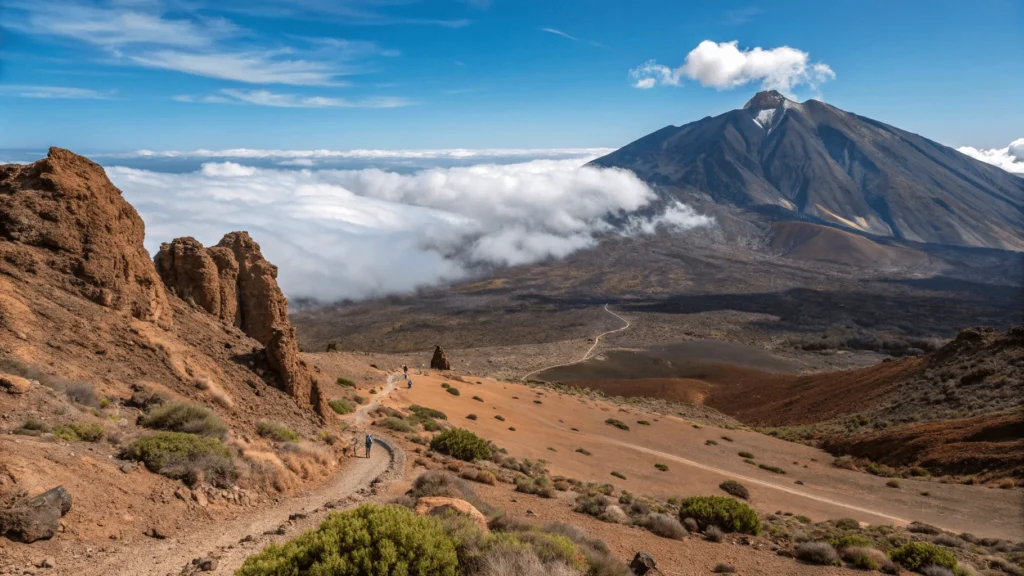 Mount Teide's volcanic landscape with red-black terrain, unique rock formations, and hiking trail under blue sky with clouds below the peak