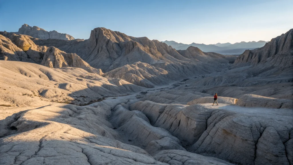 Limestone karst formations of Schrattenfluh mountain showing deeply furrowed rock surfaces with a lone hiker providing scale.