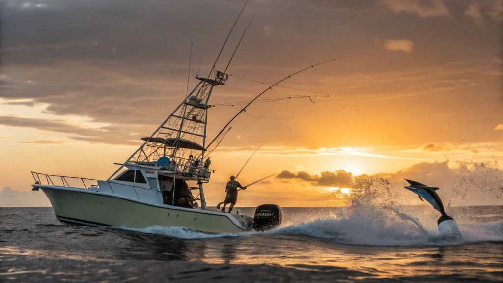 Sportfishing boat with extended outriggers against sunset while angler battles leaping sailfish breaking the water's surface