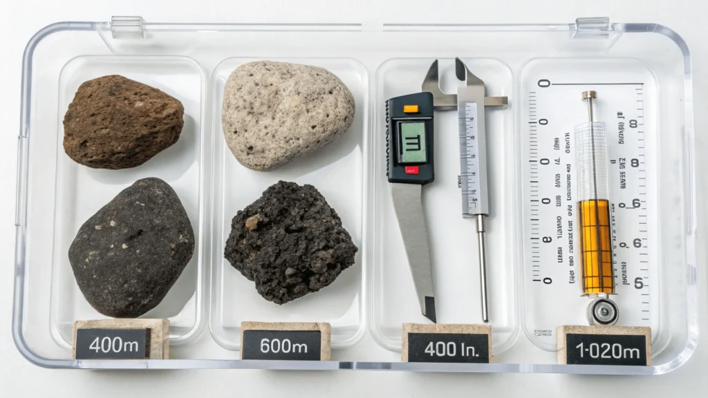 Four volcanic stone types shown in laboratory tests measuring water absorption, heat resistance, pressure tolerance, and hardness.