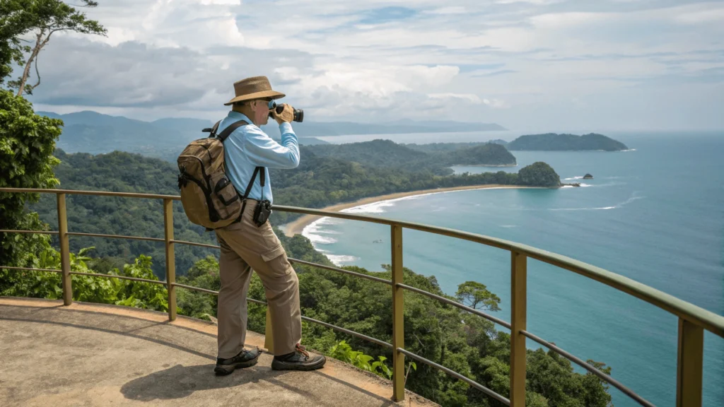 Well-prepared tourist at scenic Quepos lookout wearing appropriate attire with water bottle, backpack and binoculars against coastal background