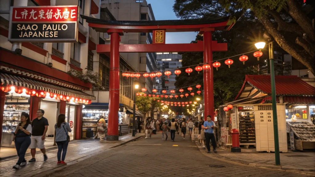 Evening street scene in Liberdade showing red Japanese lanterns illuminated above the street, with market stalls and buildings featuring Japanese architectural elements.