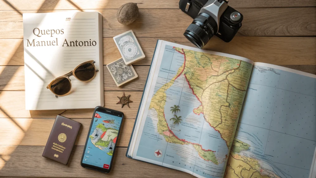 Travel planning flat-lay with Quepos map, guidebook, sunglasses, smartphone, Costa Rican colones, and compass on wooden surface