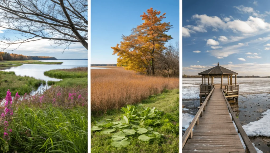 Four-panel comparison of the same sanctuary location across all four seasons showing dramatic seasonal changes
