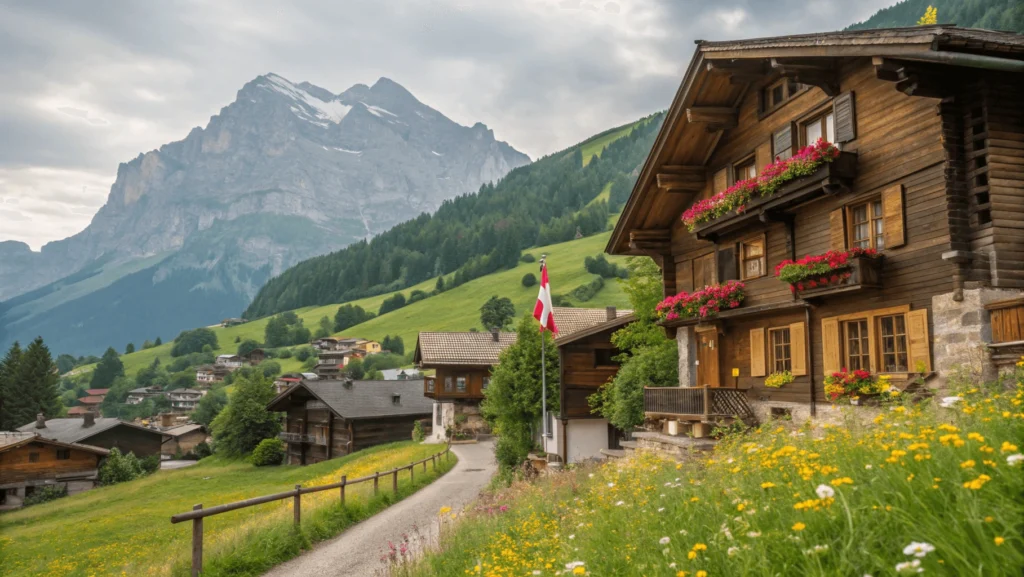 Alpine village of Sörenberg with traditional wooden houses surrounded by green mountains with Brienzer Rothorn peak in background.