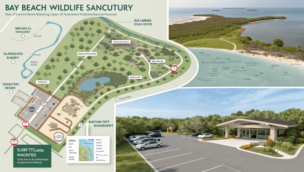 Detailed map of Bay Beach Wildlife Sanctuary showing entrance, parking areas, and trail system