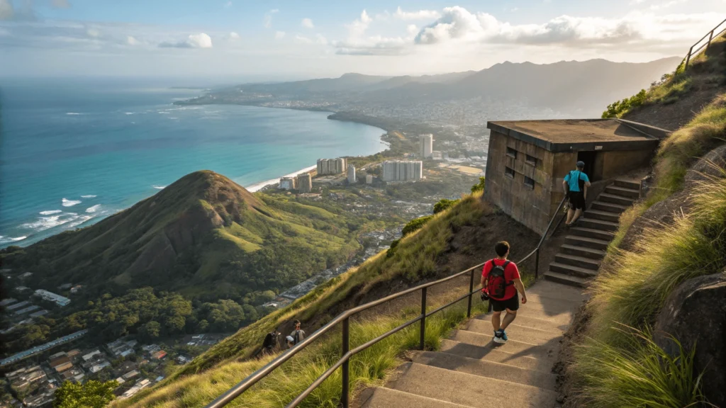 Hikers climbing final section of Diamond Head Summit Trail with view of Waikiki and Pacific Ocean