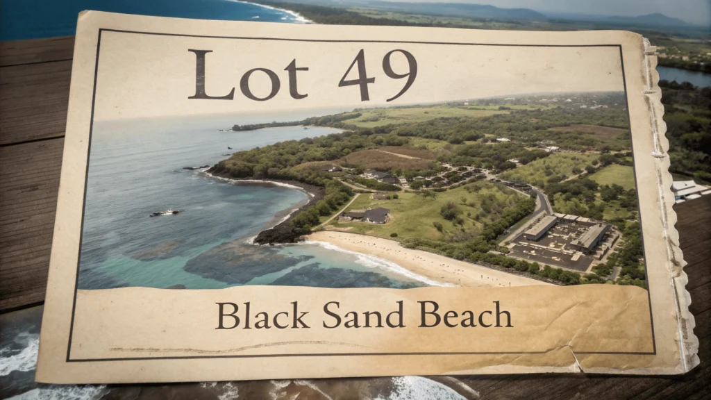 Historical development map of Mauna Lani Resort showing Lot 49 near the current beach location