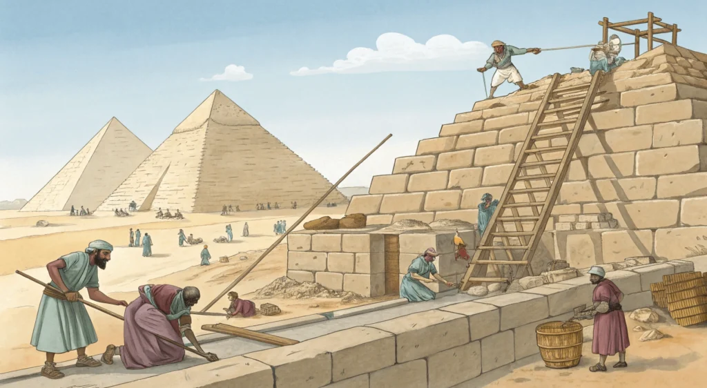 Aerial view comparing three different Egyptian pyramid sites: Saqqara's Step Pyramid, Dahshur's Red and Bent Pyramids, and Meidum's collapsed pyramid