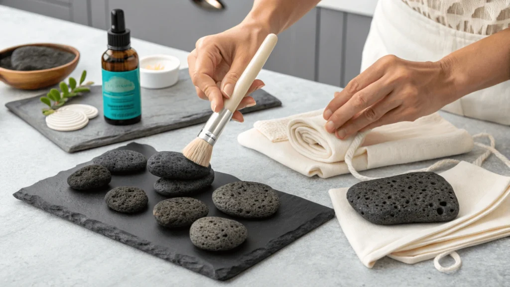 Hands applying sealer to basalt countertop, cleaning decorative lava rocks with soft brush, and storing volcanic jewelry in fabric pouches with maintained versus neglected stone comparison.