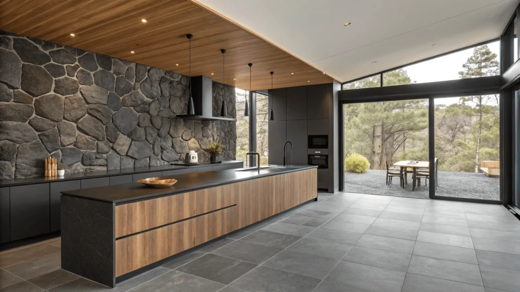 Modern kitchen featuring polished basalt countertop, volcanic stone flooring, and textured stone feature wall with natural lighting.