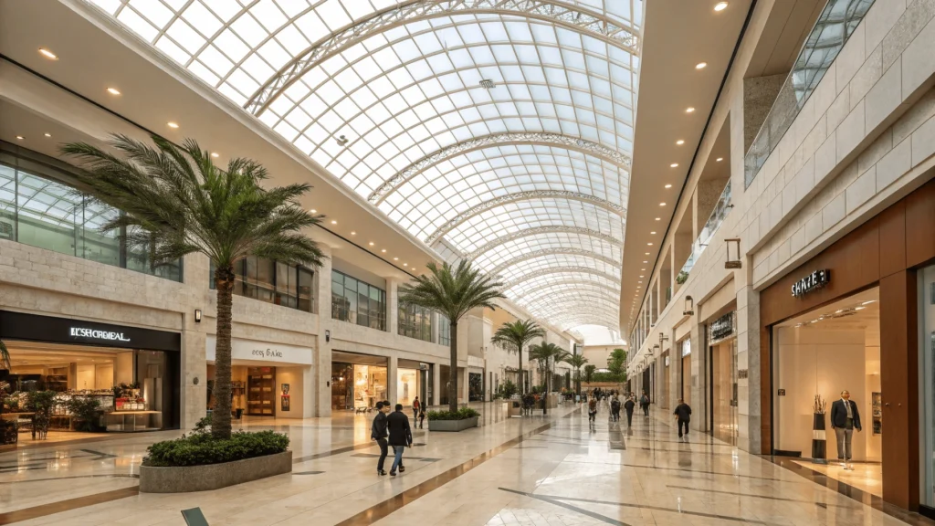 Interior of São Paulo's luxury Shopping JK Iguatemi mall showing modern architecture with glass ceilings, marble floors, and high-end storefronts.