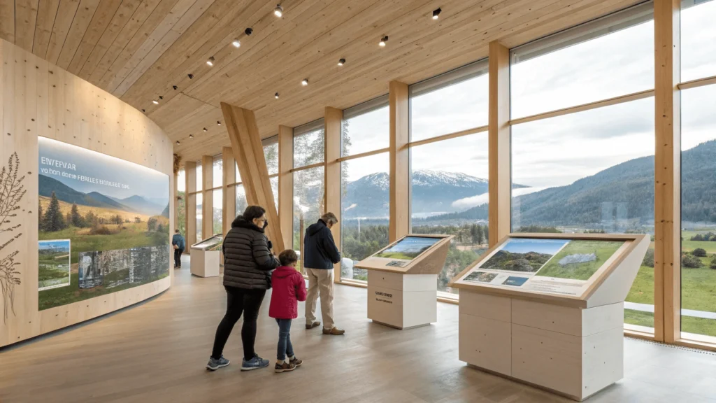 Interior of UNESCO Biosphere Center showing interactive exhibitions with visitors engaging with displays about local ecosystems.