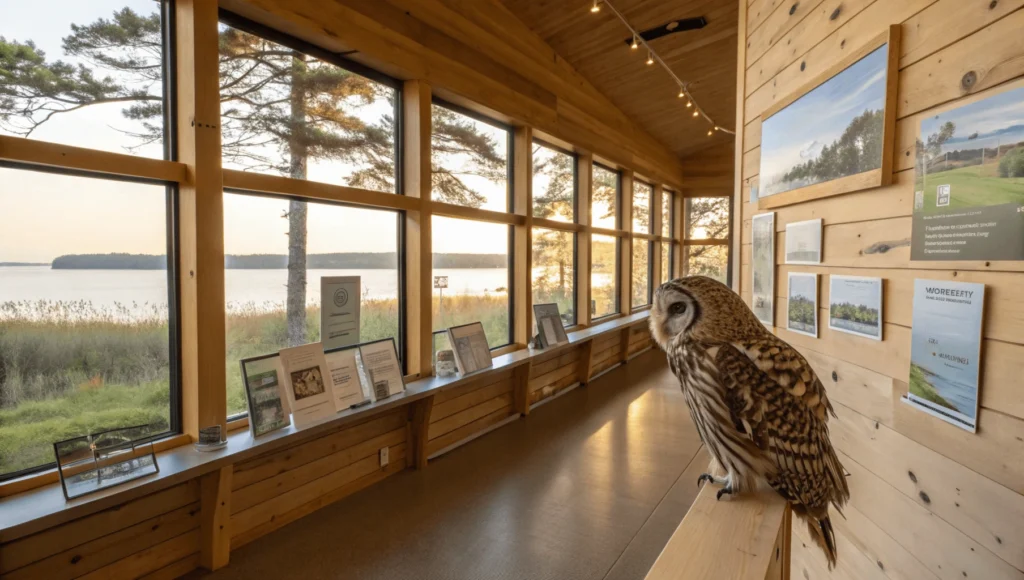Interior of Bay Beach Wildlife Sanctuary Nature Center showing educational displays and live animal presentation