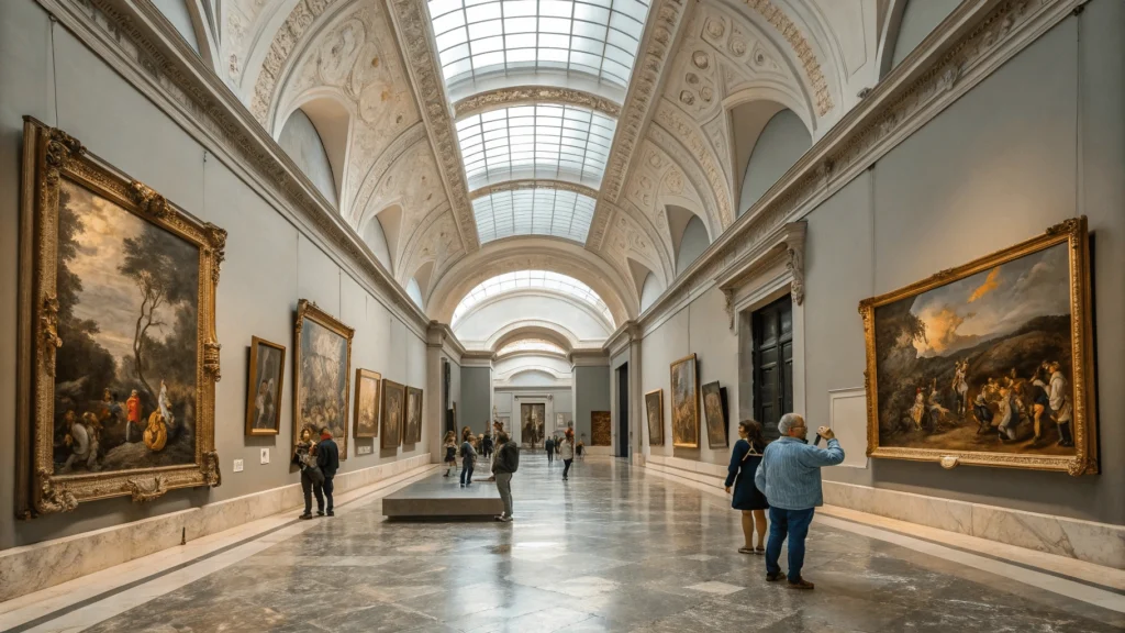 Interior of Prado Museum gallery showing masterpiece paintings with natural light from skylights illuminating art and visitors