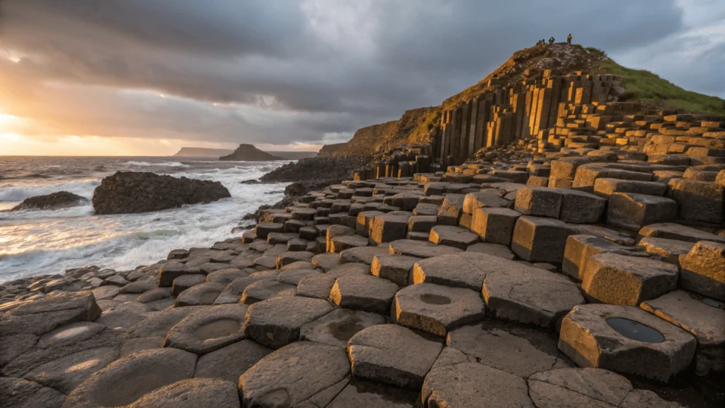 Giant's Causeway hexagonal basalt columns rising from the shoreline at sunset with ocean waves.