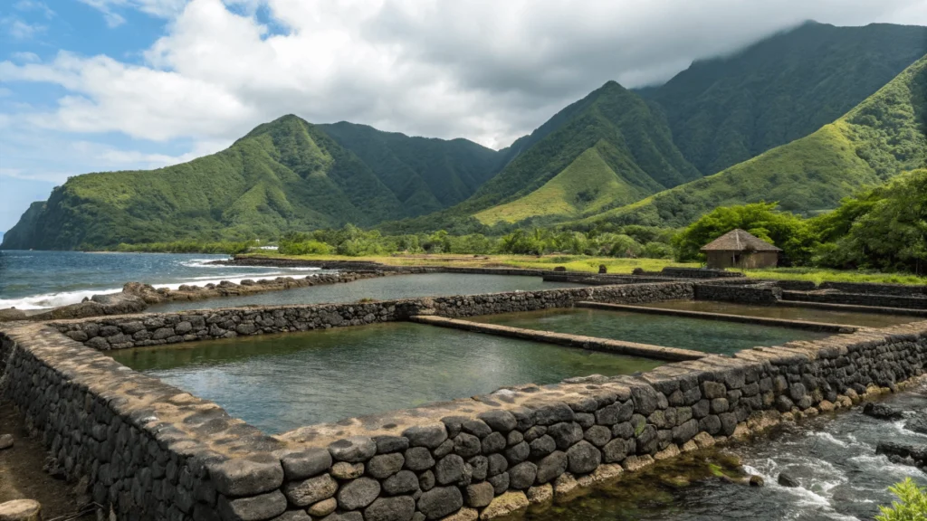 Ancient Hawaiian fishponds at Kalahuipua'a Historic Park with stone walls and Kohala Mountains in background
