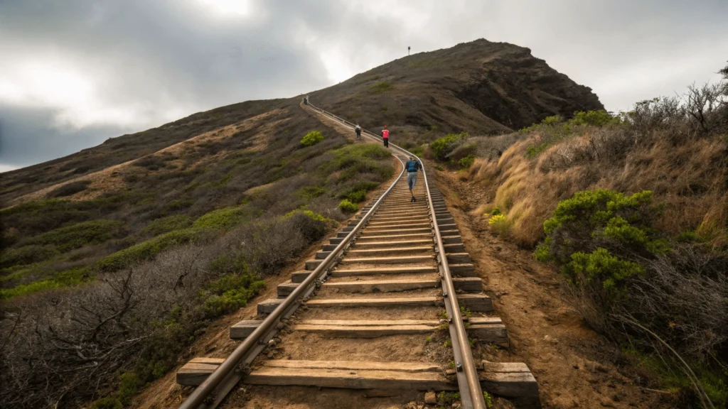 Looking up steep railway ties of Koko Head Crater Trail showing straight trajectory of stairs