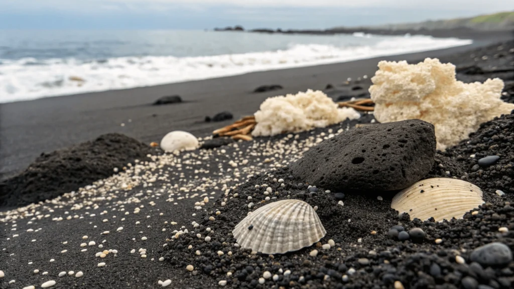 Macro photograph of individual sand grains showing mix of black volcanic particles and white coral fragments