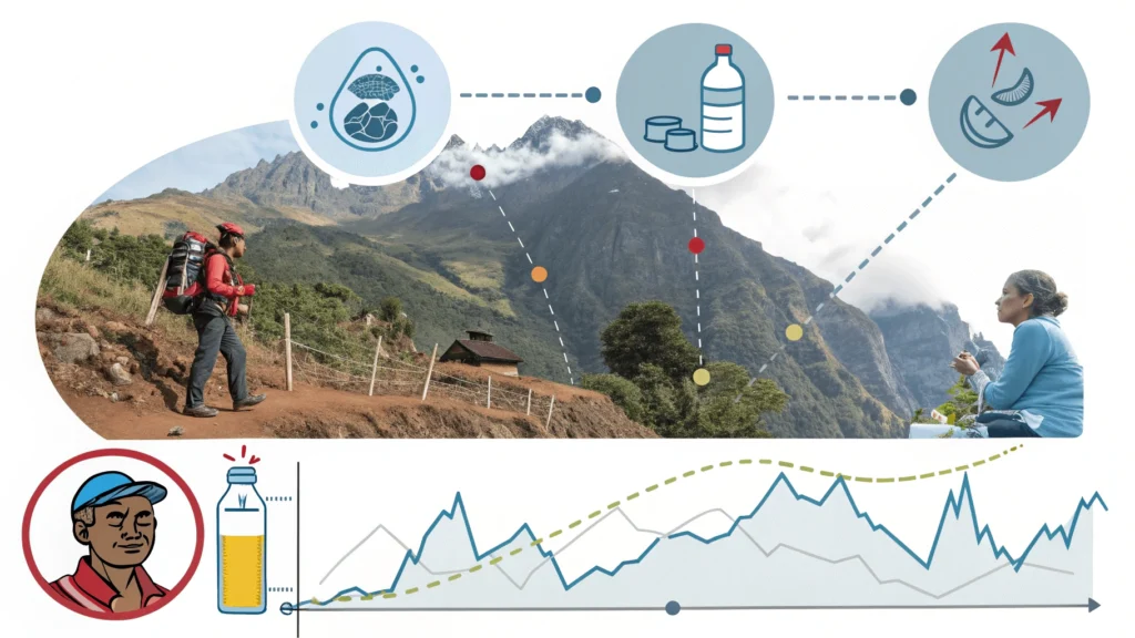 Educational diagram showing altitude sickness symptoms and prevention methods against backdrop of elevation profile from Lima to Millpu.