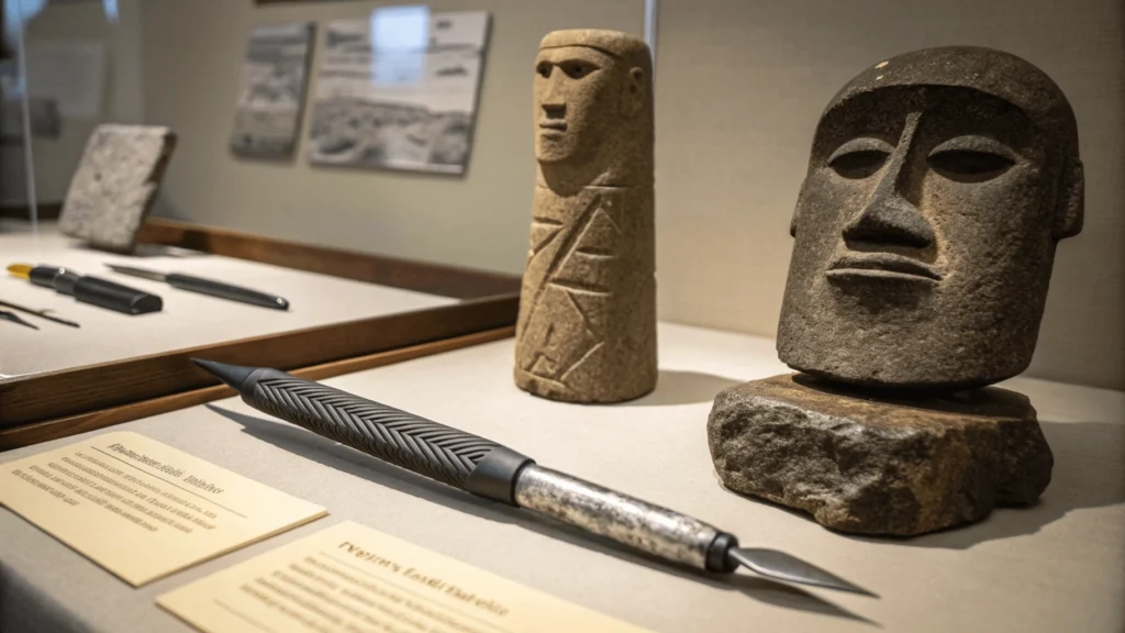 Museum display of ancient obsidian tools alongside modern obsidian surgical scalpel and small basalt moai sculpture with informative labels.