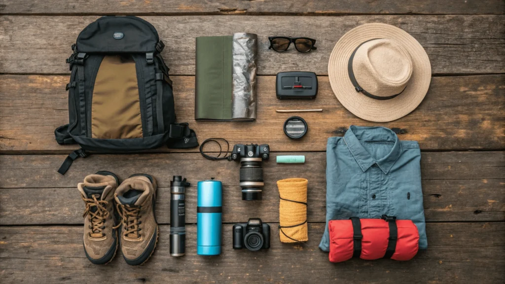 Overhead view of essential items for visiting Millpu arranged neatly including hiking boots, water bottle, sun protection, camera gear, and Peruvian currency.