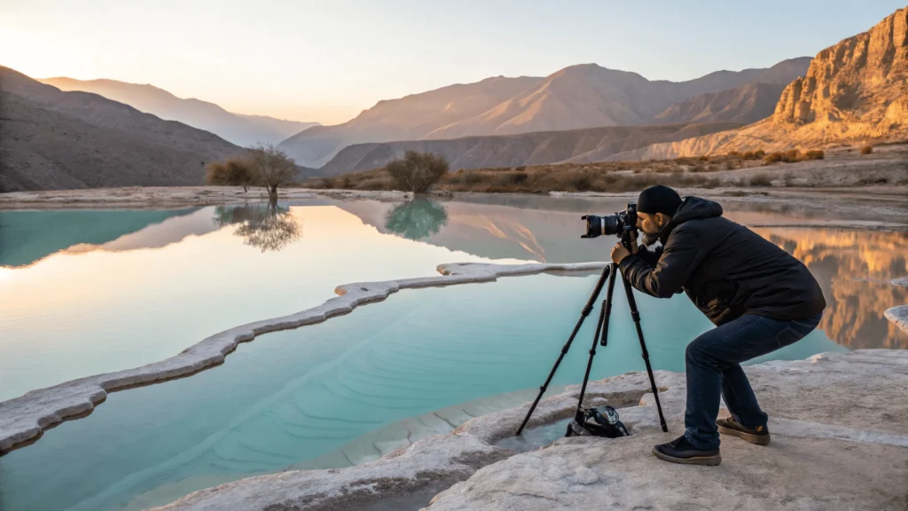 Photographer with tripod capturing reflection of mountains in a turquoise Millpu pool during optimal lighting conditions.