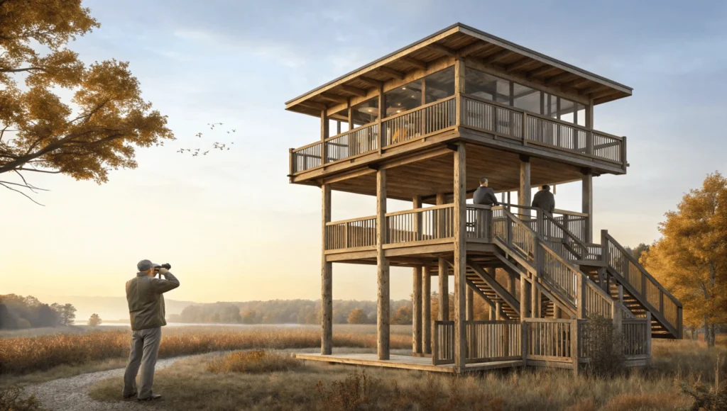 Three-story wooden wildlife viewing tower with visitors using binoculars at Bay Beach Wildlife Sanctuary