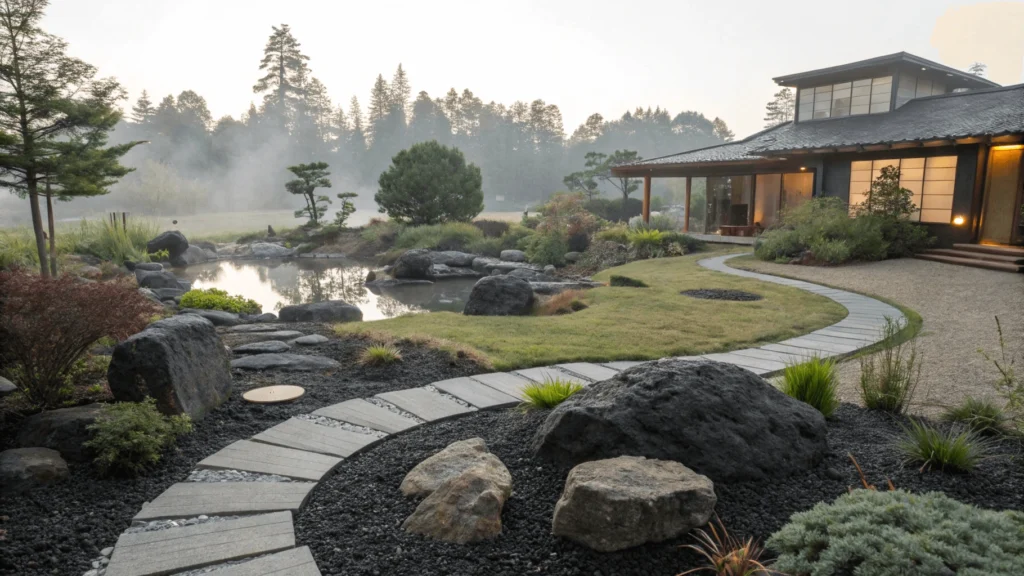 Japanese-inspired garden with black lava rock mulch, basalt stepping stones across pond, and volcanic boulders in morning light.