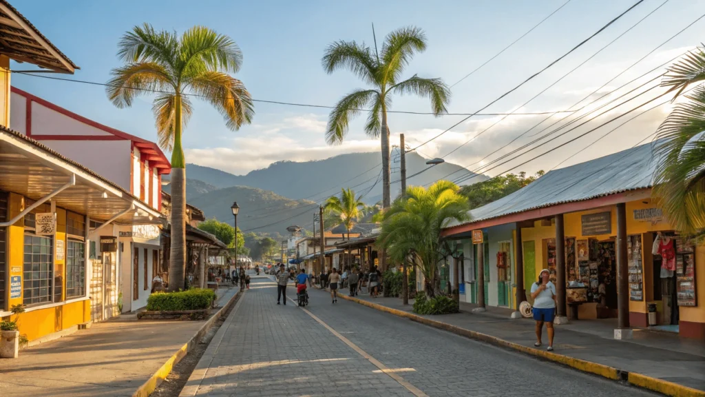 Main street in downtown Quepos showing colorful buildings, palm trees, and daily life with mountains in the background