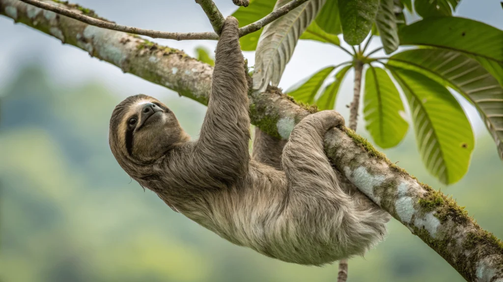 Close-up wildlife photograph of a three-toed sloth with distinctive facial markings hanging from a cecropia tree against blurred rainforest background