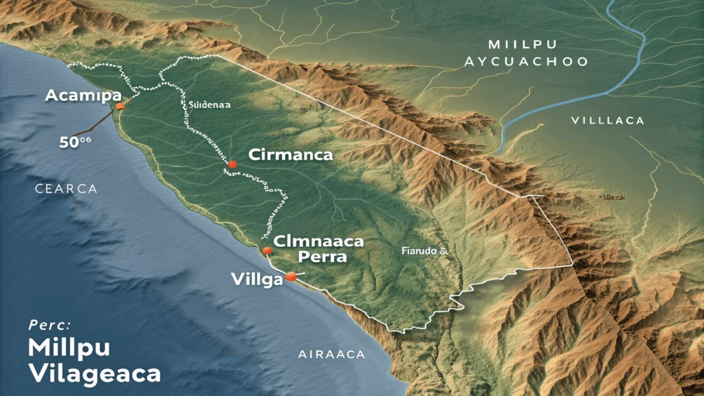 Topographical map showing Millpu's location in the Ayacucho region of Peru with surrounding villages and terrain features.