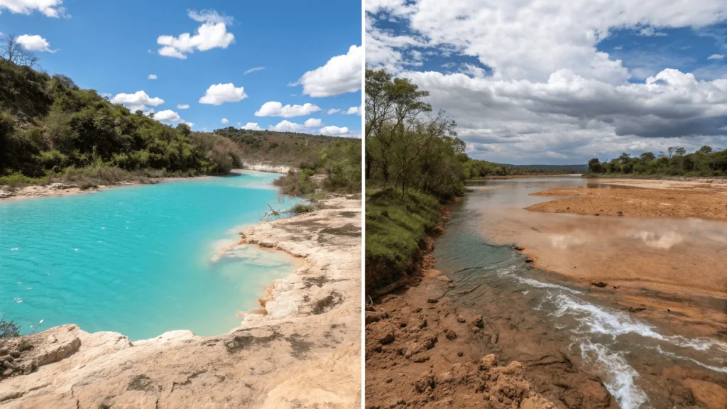 Side-by-side comparison showing Millpu during dry season with vibrant turquoise water versus rainy season with muddy brown water.