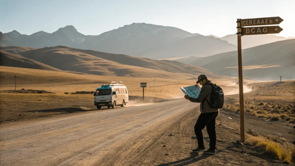 Solo traveler consulting a map at the rural junction near Circamarca with mountains and a shared van in the background.