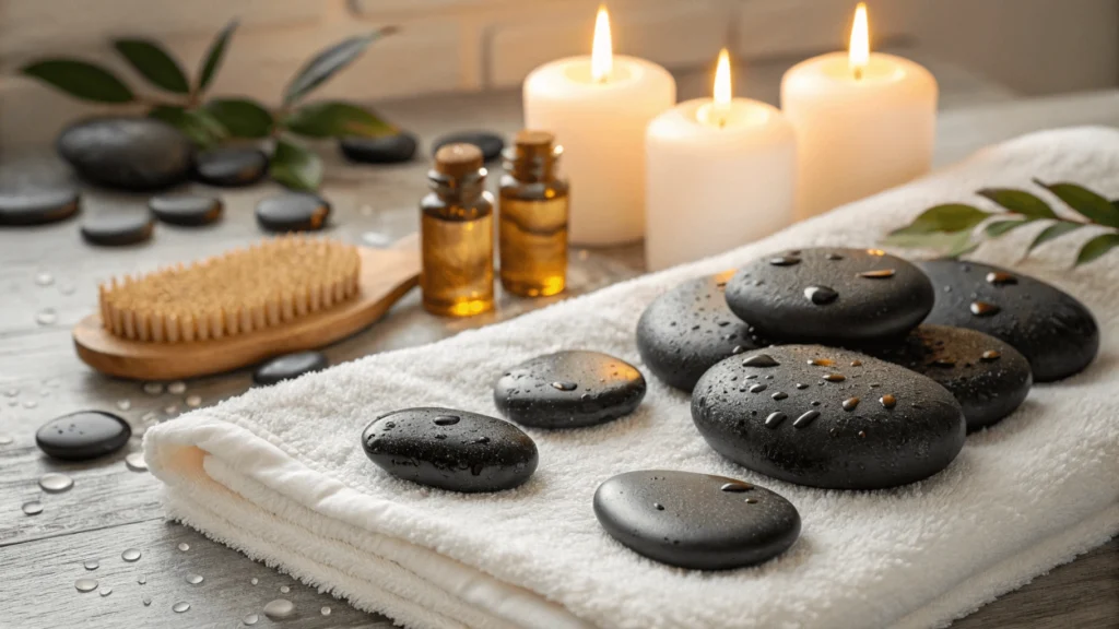 Spa setup with smooth basalt massage stones, essential oils, candles, and pumice foot exfoliator on white towels.