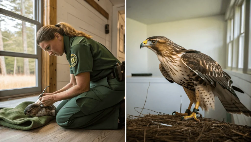 Wildlife rehabilitator releasing healed hawk back into sanctuary habitat