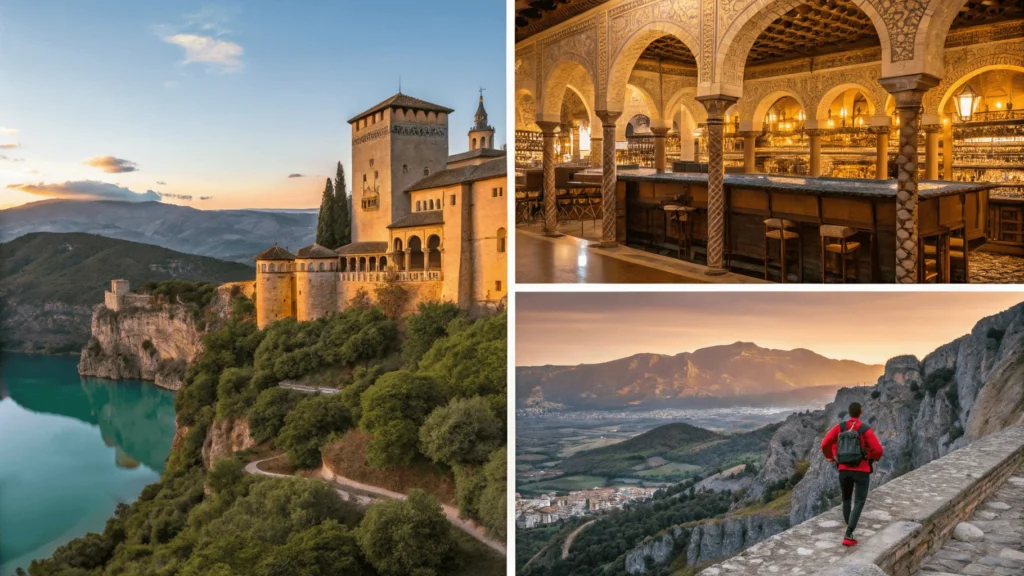 Four-panel collage showing Alhambra palace architecture, secluded Costa Brava cove, San Sebastián pintxos bar display, and hikers on Picos de Europa trail