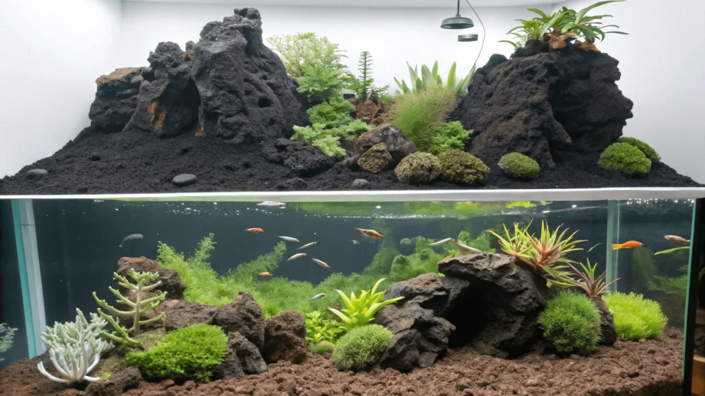 Split image showing succulent garden with volcanic soil and lava rock mulch above freshwater aquarium with volcanic rock structures and aquatic plants.