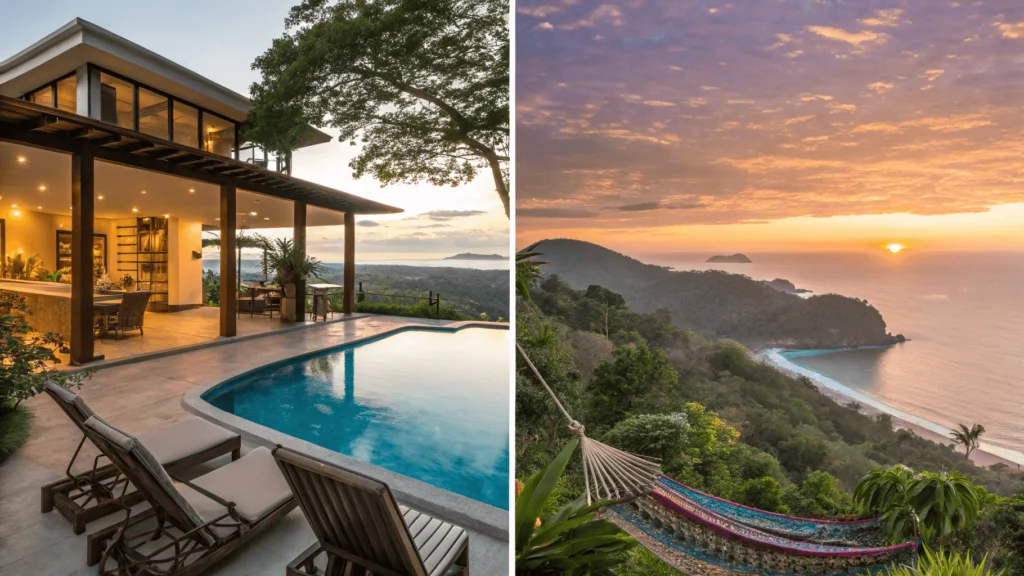 Split-screen comparison showing luxury eco-resort infinity pool with ocean view at sunset above and colorful budget hostel with garden hammocks below