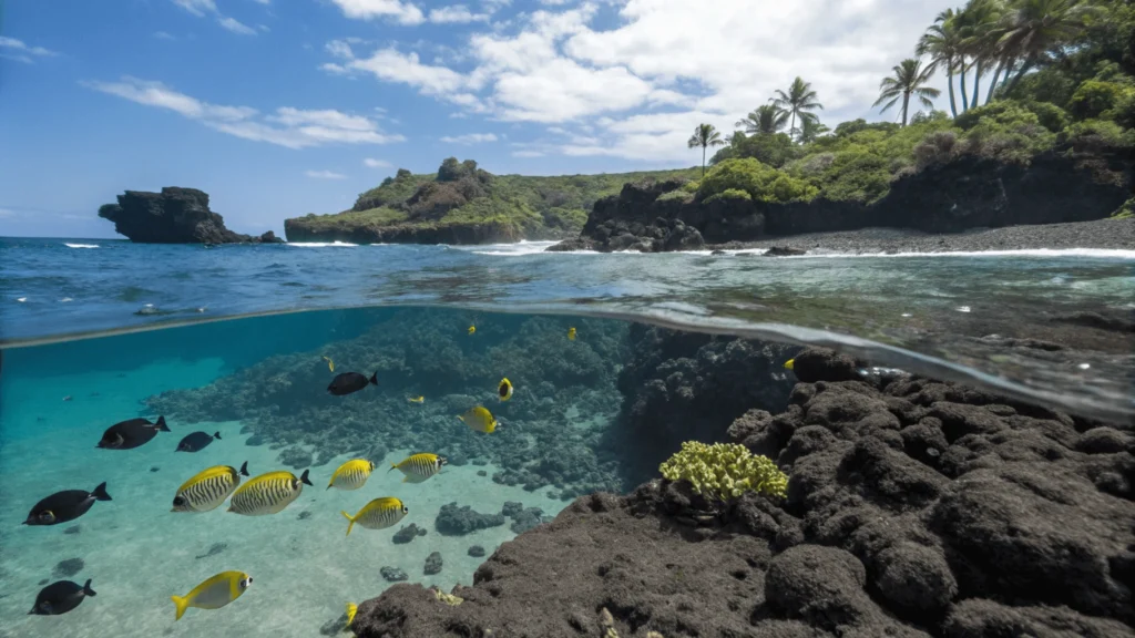 Split view above and below water at 49 Black Sand Beach showing fish, coral, black sand and lava rocks