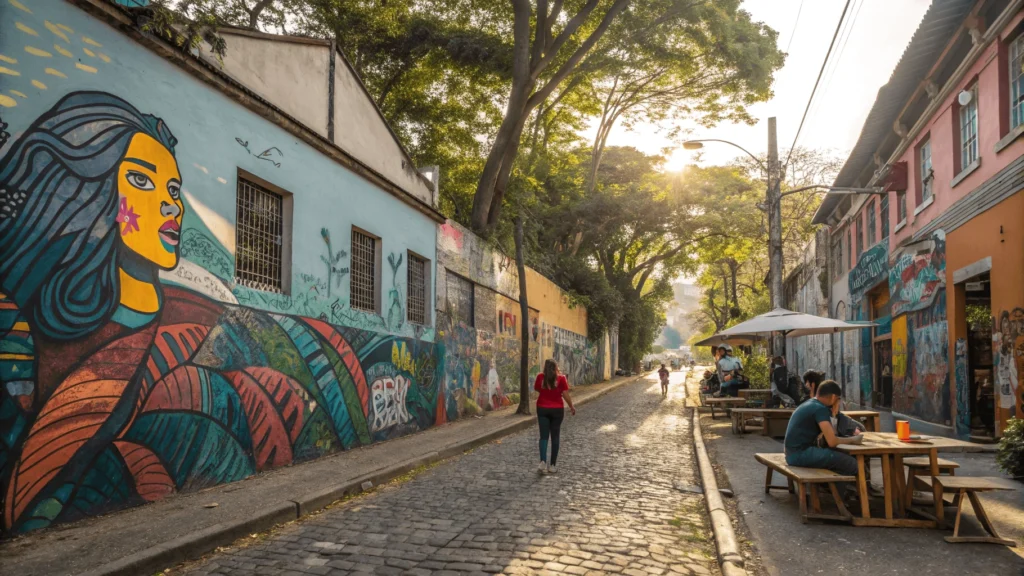 Vibrant street art murals covering building walls in Batman Alley (Beco do Batman) in Vila Madalena neighborhood with visitors viewing and photographing the artwork.